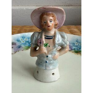 Antique 20's Japan Porcelain Half Doll Pink Hat Blue Blouse 3 5/8"